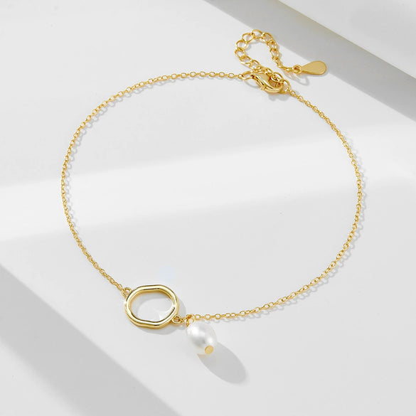 Anklet 925 Sterling Silver Natural Pearl Geometric Style Women's