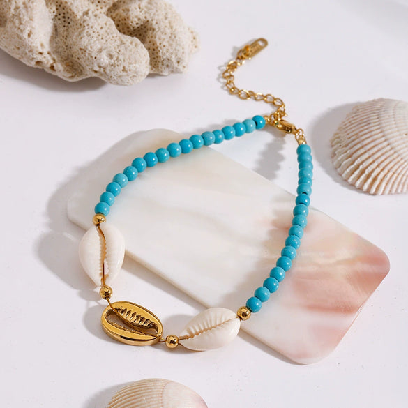 Anklet Synthetic Blue Turquoise Stone Titanium Steel 18K Gold Geometric Style Women's