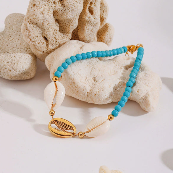 Anklet Synthetic Blue Turquoise Stone Titanium Steel 18K Gold Geometric Style Women's