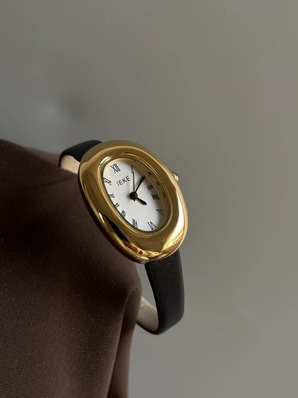 Antique Oval Mini Bathtub Golden Women's Quartz Wristwatch With Stainless Steel Buckle And Metal Case In Medieval Style