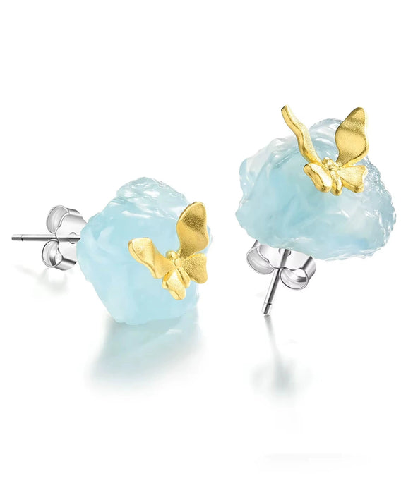 Antique S925 Sterling Silver 18K Gold Plated Natural Aquamarine Butterfly Ring And Stud Earrings With Electroplating For Women