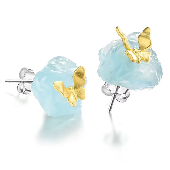 Antique S925 Sterling Silver 18K Gold Plated Natural Aquamarine Butterfly Ring And Stud Earrings With Electroplating For Women
