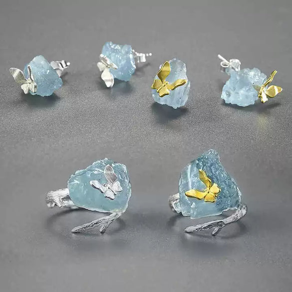 Antique S925 Sterling Silver 18K Gold Plated Natural Aquamarine Butterfly Ring And Stud Earrings With Electroplating For Women