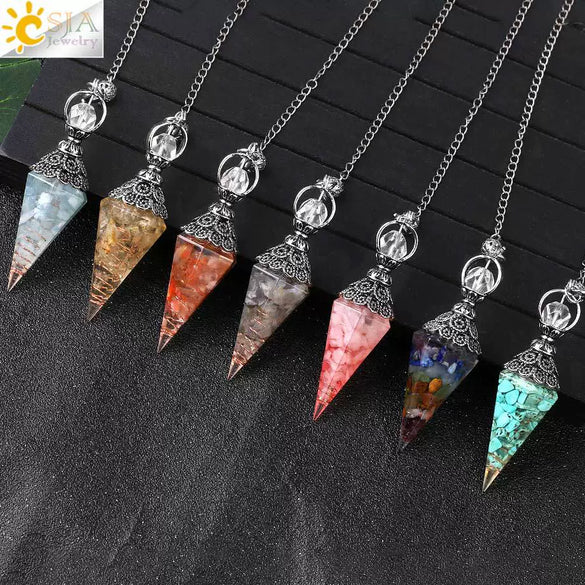 Antique Silver Tone Natural Crystal Tapered Pendant Necklace With Colorful Stone Resin Design Personality Jewelry