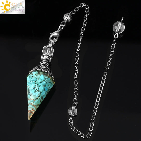 Antique Silver Tone Natural Crystal Tapered Pendant Necklace With Colorful Stone Resin Design Personality Jewelry