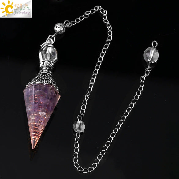 Antique Silver Tone Natural Crystal Tapered Pendant Necklace With Colorful Stone Resin Design Personality Jewelry