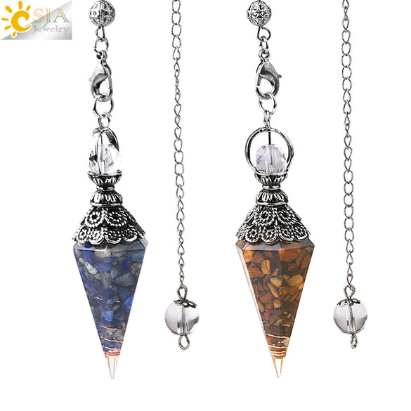 Antique Silver Tone Natural Crystal Tapered Pendant Necklace With Colorful Stone Resin Design Personality Jewelry