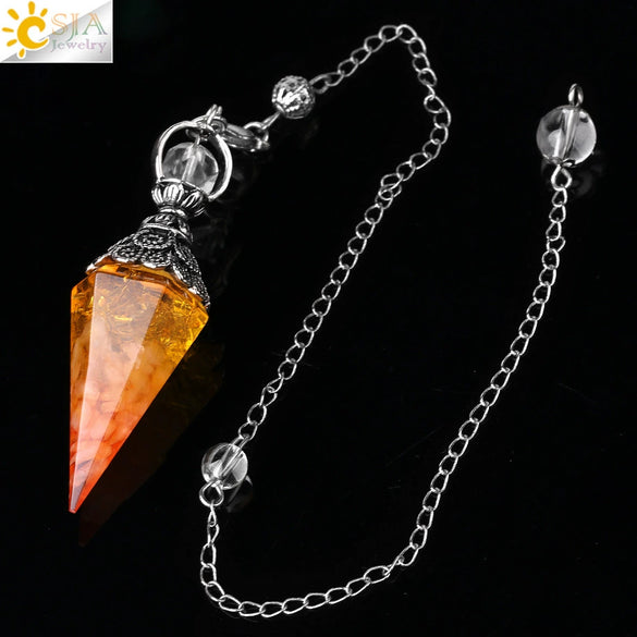 Antique Silver Tone Natural Crystal Tapered Pendant Necklace With Colorful Stone Resin Design Personality Jewelry
