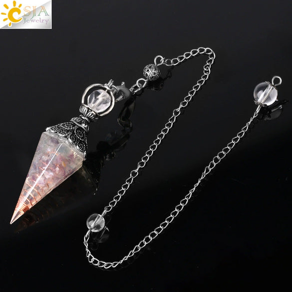 Antique Silver Tone Natural Crystal Tapered Pendant Necklace With Colorful Stone Resin Design Personality Jewelry