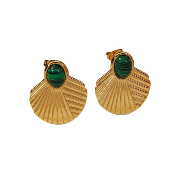 Antique Style Oil Pressure Stainless Steel Malachite Texture Geometric Fan Fishtail Earrings For Women Electroplated
