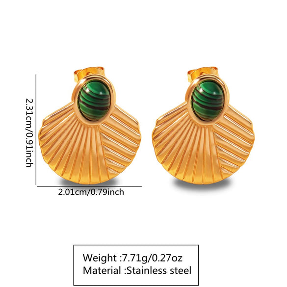 Antique Style Oil Pressure Stainless Steel Malachite Texture Geometric Fan Fishtail Earrings For Women Electroplated