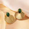 Antique Style Oil Pressure Stainless Steel Malachite Texture Geometric Fan Fishtail Earrings For Women Electroplated