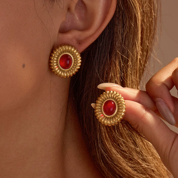 Antique Vintage Tiger Eye Stone Agate Women's Geometric Stainless Steel 18K Electroplating Earrings