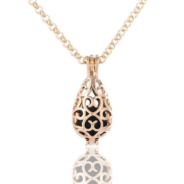 Aromatherapy Ball Necklace Drop Shaped Volcanic Stone Copper Heart Pattern Retro Style Box Chain Electroplated