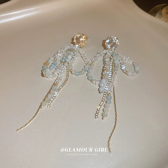 Artificial Crystal Bow Tassel Earrings For Women Pure Handmade