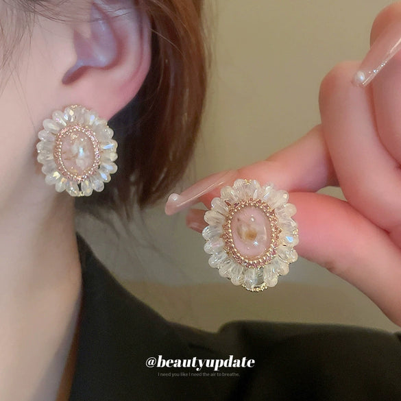 Artificial Crystal Earrings With Flower And Geometric Pattern Set With Crystal Fashion Style For Women