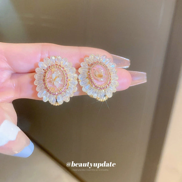 Artificial Crystal Earrings With Flower And Geometric Pattern Set With Crystal Fashion Style For Women