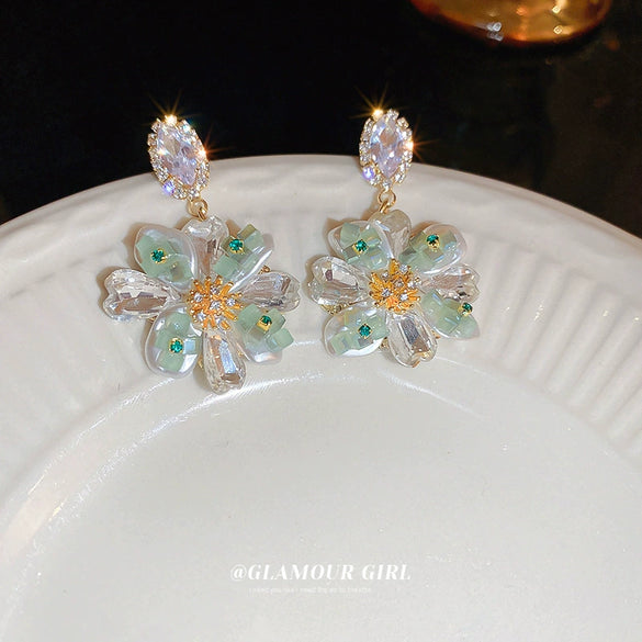 Artificial Crystal Flower Earrings Set With Pearls For Women