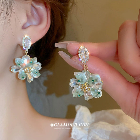 Artificial Crystal Flower Earrings Set With Pearls For Women