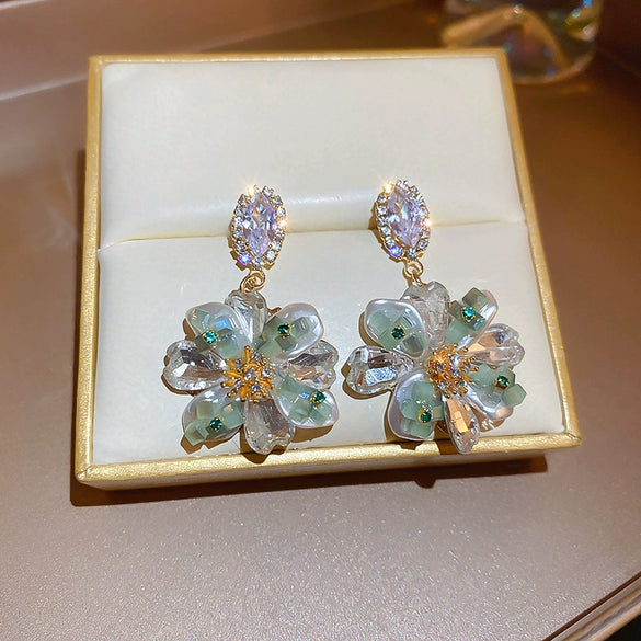 Artificial Crystal Flower Earrings Set With Pearls For Women