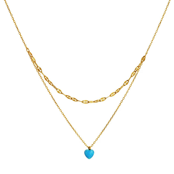 Artificial Opal Blue Water Drop Pendant Double Layer Overlapping Necklace Stainless Steel Gold Plated