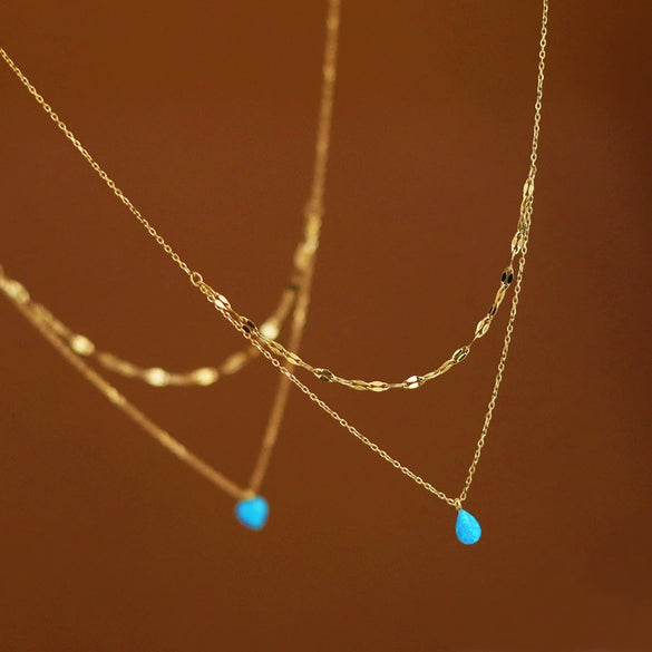 Artificial Opal Blue Water Drop Pendant Double Layer Overlapping Necklace Stainless Steel Gold Plated