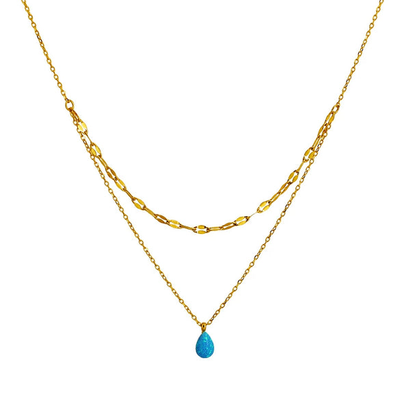 Artificial Opal Blue Water Drop Pendant Double Layer Overlapping Necklace Stainless Steel Gold Plated