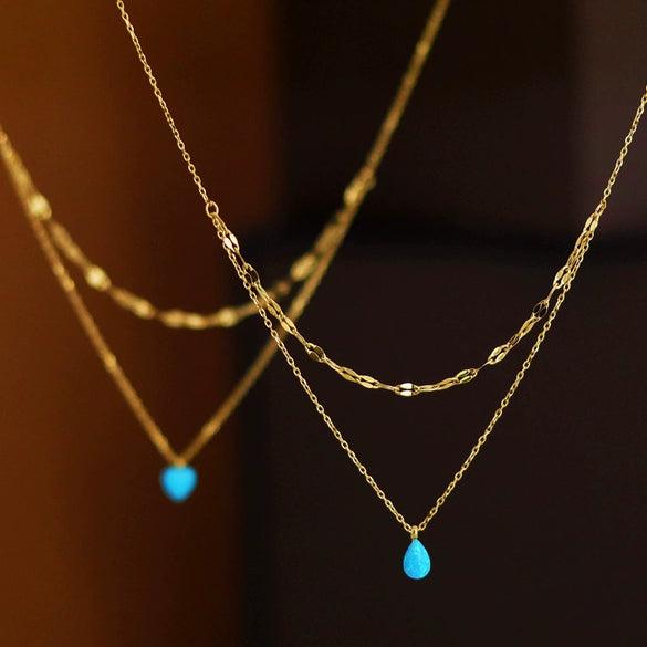Artificial Opal Blue Water Drop Pendant Double Layer Overlapping Necklace Stainless Steel Gold Plated