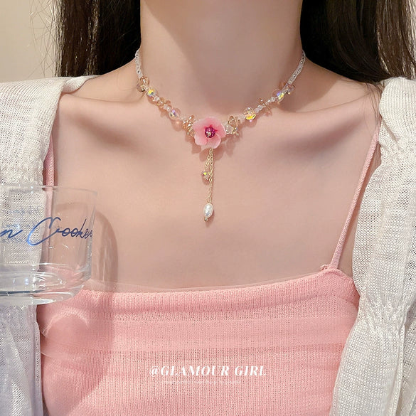 Artificial Pearl Crystal Handmade Flower Necklace For Women Sweet High End Clavicle Chain