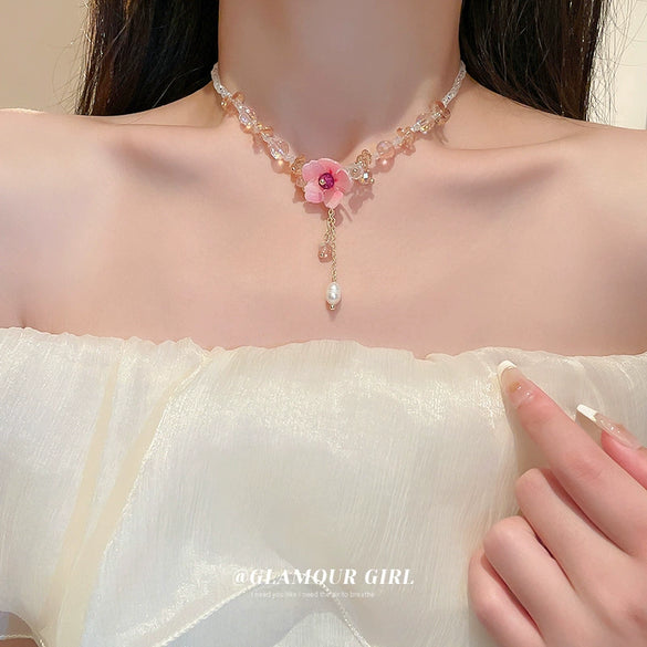 Artificial Pearl Crystal Handmade Flower Necklace For Women Sweet High End Clavicle Chain