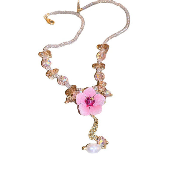 Artificial Pearl Crystal Handmade Flower Necklace For Women Sweet High End Clavicle Chain