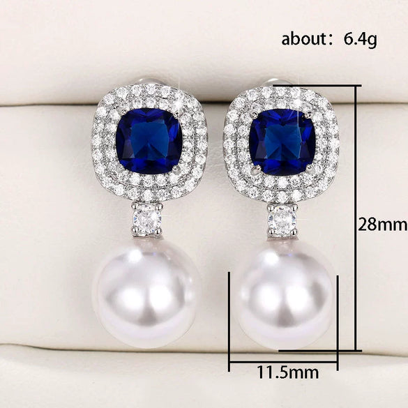 Artificial Pearl Earrings Copper High Sense Geometric Inlaid Sapphire Zircon