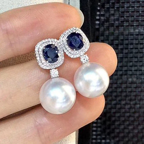 Artificial Pearl Earrings Copper High Sense Geometric Inlaid Sapphire Zircon