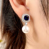 Artificial Pearl Earrings Copper High Sense Geometric Inlaid Sapphire Zircon