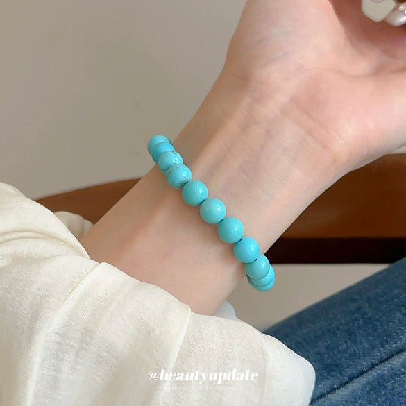 Artificial Turquoise Beaded Elastic Handmade Bracelet For Women With Geometric Shape In Retro Style From Mixed Materials