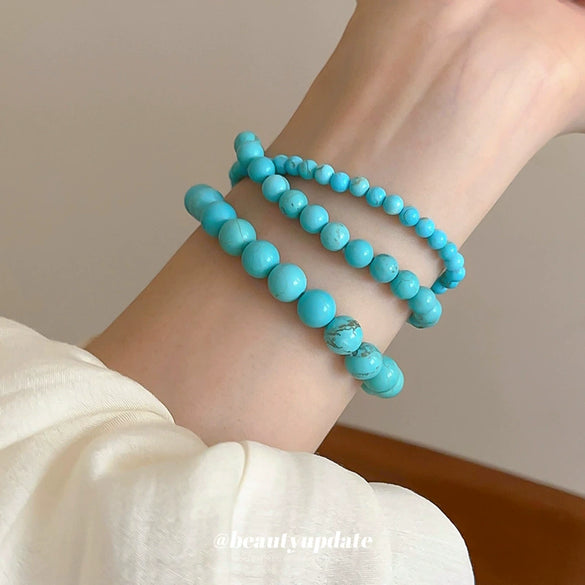 Artificial Turquoise Beaded Elastic Handmade Bracelet For Women With Geometric Shape In Retro Style From Mixed Materials