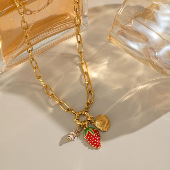 Artistic Retro Simple Women's Fruit Strawberry Conch Stainless Steel Necklace With Electroplating