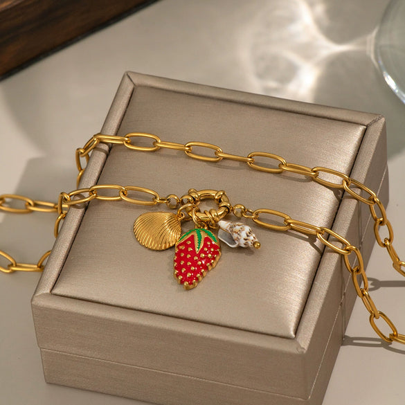 Artistic Retro Simple Women's Fruit Strawberry Conch Stainless Steel Necklace With Electroplating