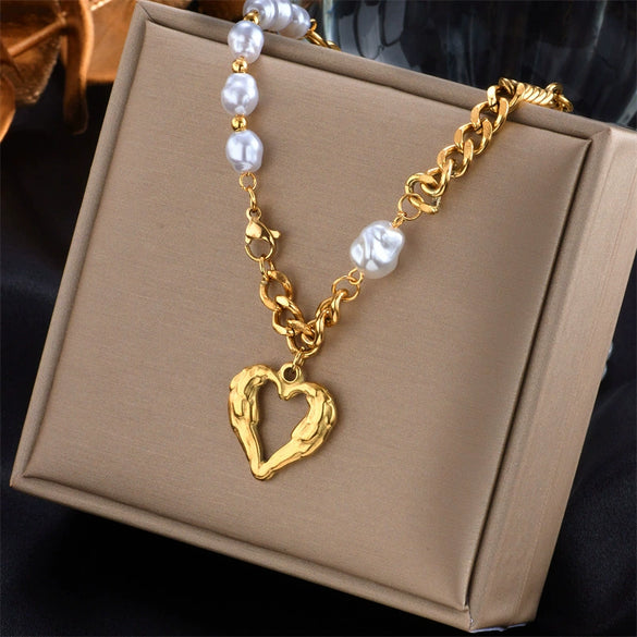 Asymmetric Chain Love Pearl Pendant Stainless Steel And Titanium Steel Multi Layer Stacked Necklace With Electroplating For Women