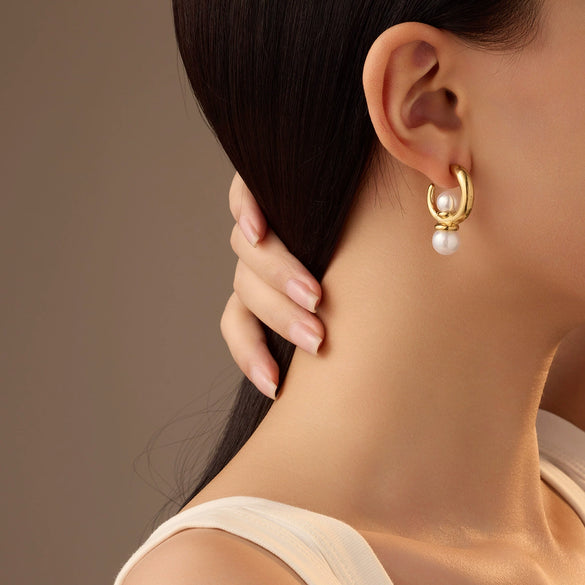 Asymmetrical Cshaped Pearl Pendant Earrings Stainless Steel 18K Electroplated Geometric Style