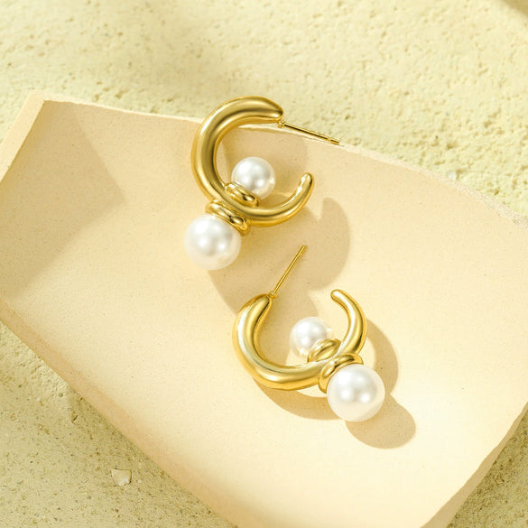 Asymmetrical Cshaped Pearl Pendant Earrings Stainless Steel 18K Electroplated Geometric Style