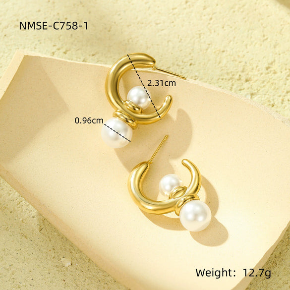 Asymmetrical Cshaped Pearl Pendant Earrings Stainless Steel 18K Electroplated Geometric Style