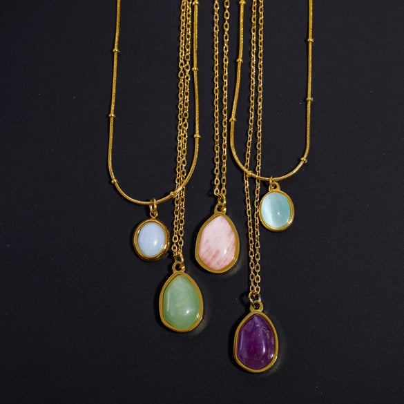 Asymmetrical Fresh Green Aventurine Pendant Necklace Clavicle Chain Titanium Steel Geometric Style