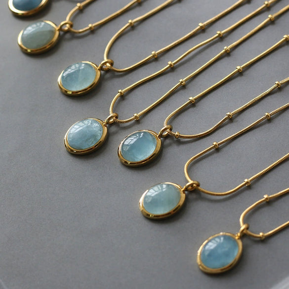 Asymmetrical Fresh Green Aventurine Pendant Necklace Clavicle Chain Titanium Steel Geometric Style