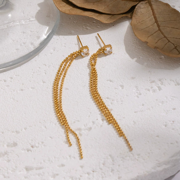 Autumn And Winter New Geometric Tassel Zircon Earrings For Women Stainless Steel Real Gold Plated Old Money Style Jewelry