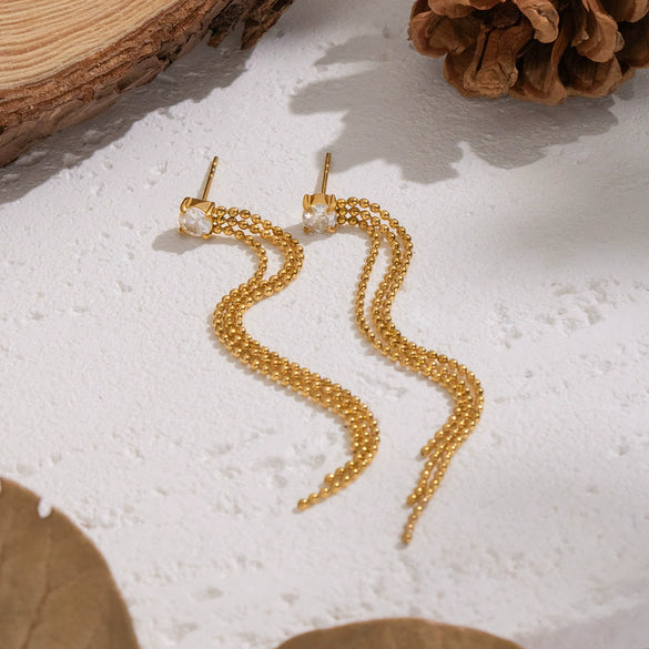Autumn And Winter New Geometric Tassel Zircon Earrings For Women Stainless Steel Real Gold Plated Old Money Style Jewelry