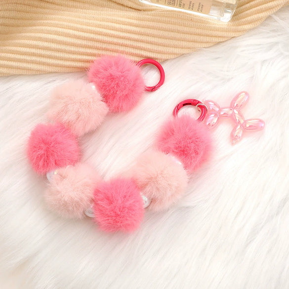 Autumn And Winter Sweet Plush Ball Beaded Hand Chain Bag Key Chain Pendant Mobile Phone Lanyard For Women Half Handmade