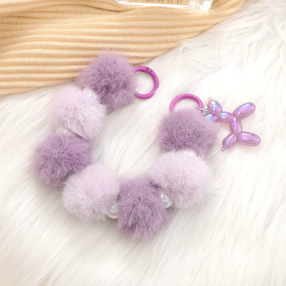 Autumn And Winter Sweet Plush Ball Beaded Hand Chain Bag Key Chain Pendant Mobile Phone Lanyard For Women Half Handmade