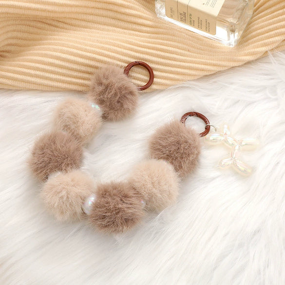 Autumn And Winter Sweet Plush Ball Beaded Hand Chain Bag Key Chain Pendant Mobile Phone Lanyard For Women Half Handmade