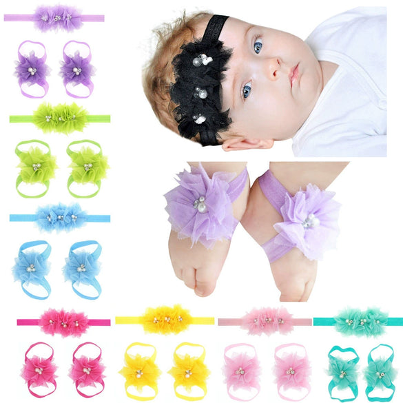 Baby Cloth Lace Pearl Rhinestone Flower Handmade Threepiece Set With Headband And Foot Band